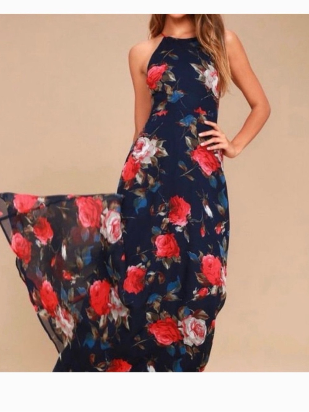 Lulu's Navy Halter Maxi Dress with Red Rose Print